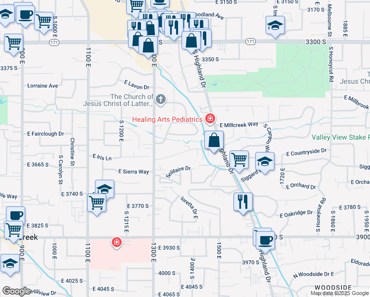 map of restaurants, bars, coffee shops, grocery stores, and more near 1366 East Millstream Lane in Millcreek