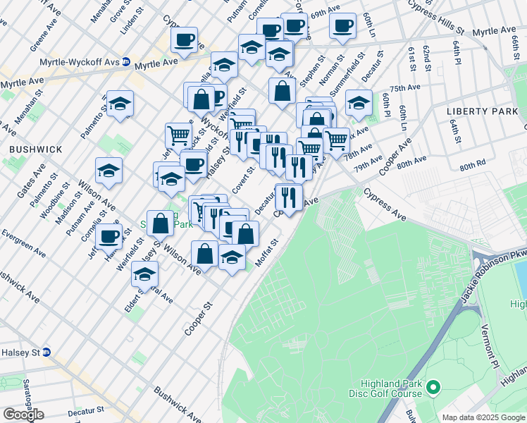 map of restaurants, bars, coffee shops, grocery stores, and more near in Queens