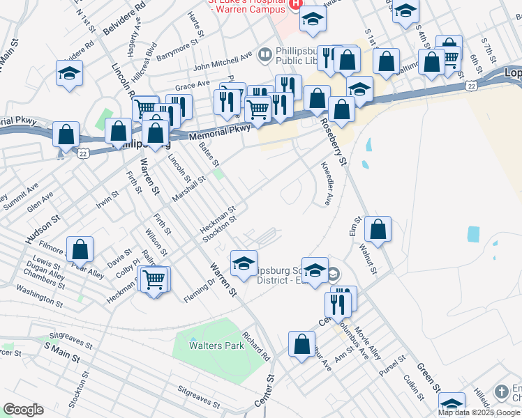 map of restaurants, bars, coffee shops, grocery stores, and more near 400 Heckman St in Phillipsburg