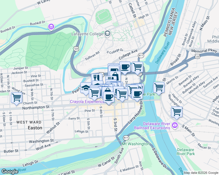 map of restaurants, bars, coffee shops, grocery stores, and more near 119 North Bank Street in Easton