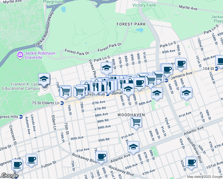 map of restaurants, bars, coffee shops, grocery stores, and more near in Queens