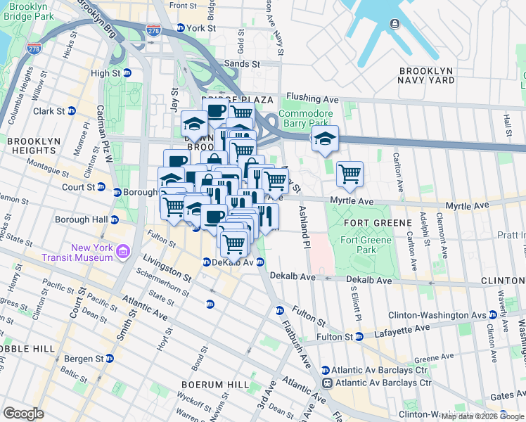 map of restaurants, bars, coffee shops, grocery stores, and more near 166 Myrtle Avenue in Brooklyn