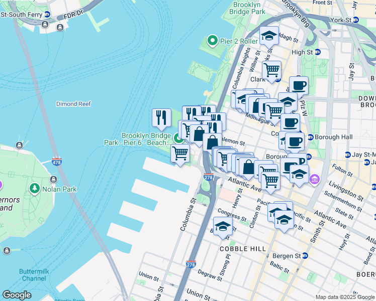map of restaurants, bars, coffee shops, grocery stores, and more near 50 Bridge Park Drive in Brooklyn
