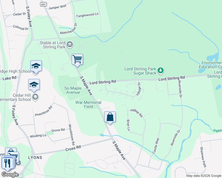 map of restaurants, bars, coffee shops, grocery stores, and more near 8 Village Drive in Basking Ridge