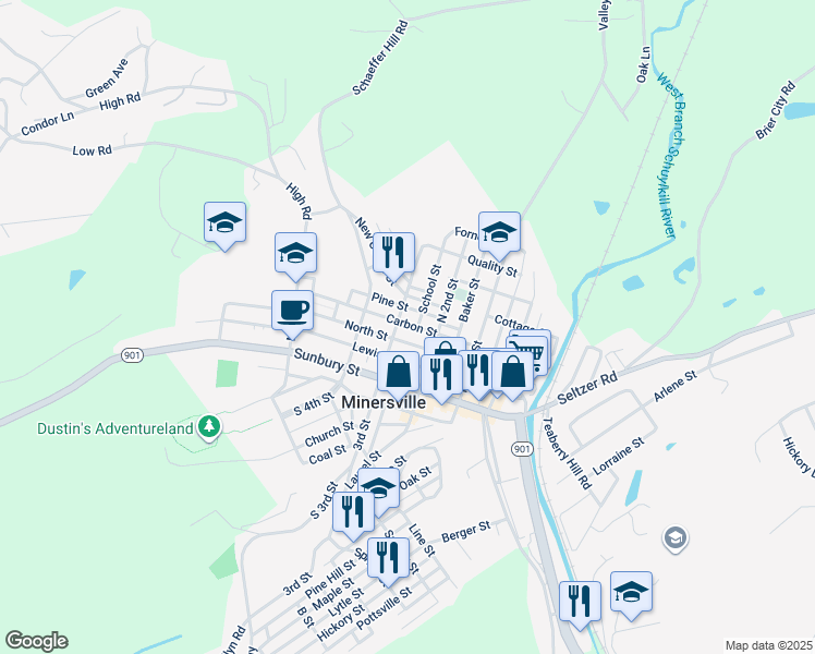 map of restaurants, bars, coffee shops, grocery stores, and more near 237 Carbon Street in Minersville
