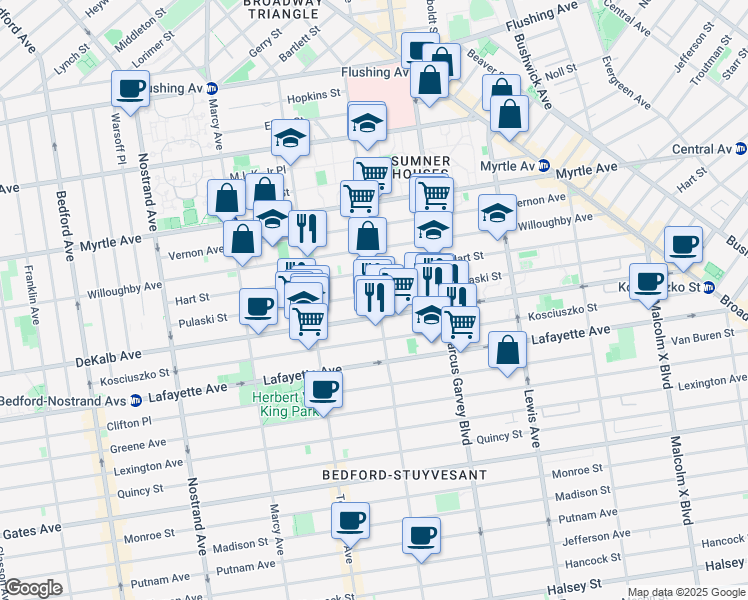 map of restaurants, bars, coffee shops, grocery stores, and more near 219 Pulaski Street in Brooklyn