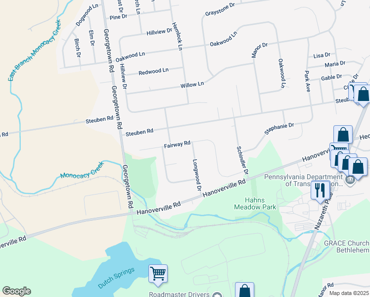 map of restaurants, bars, coffee shops, grocery stores, and more near 4625 Fairway Road in Bethlehem