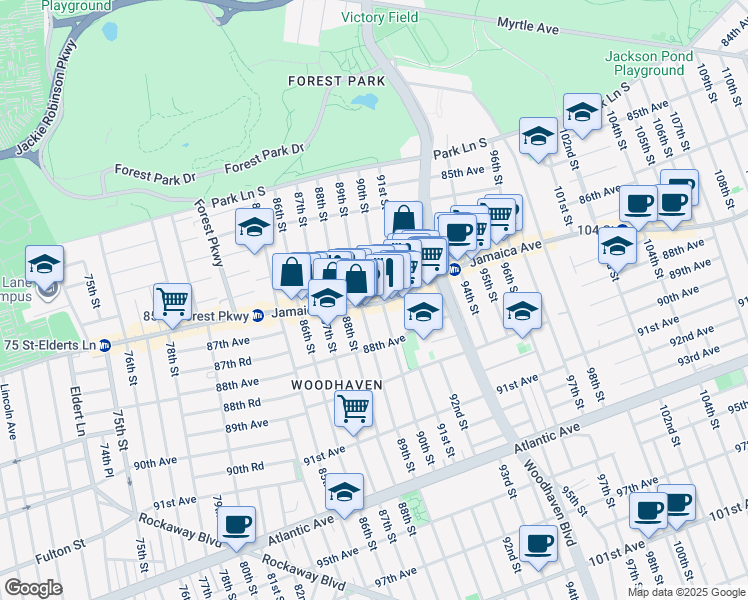 map of restaurants, bars, coffee shops, grocery stores, and more near 86-31 89th Street in Queens