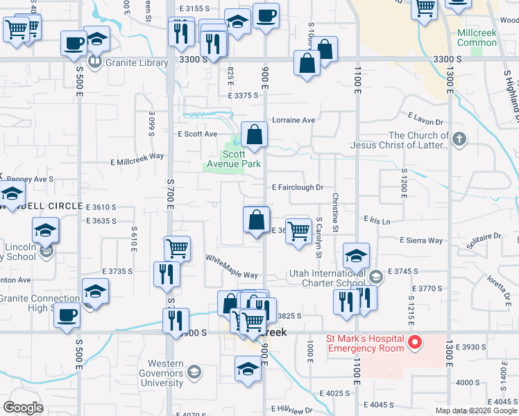 map of restaurants, bars, coffee shops, grocery stores, and more near 3579 900 East in Millcreek