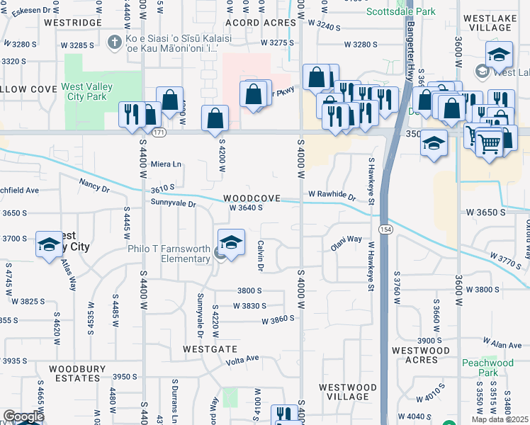 map of restaurants, bars, coffee shops, grocery stores, and more near 4105 Mann Way in West Valley City