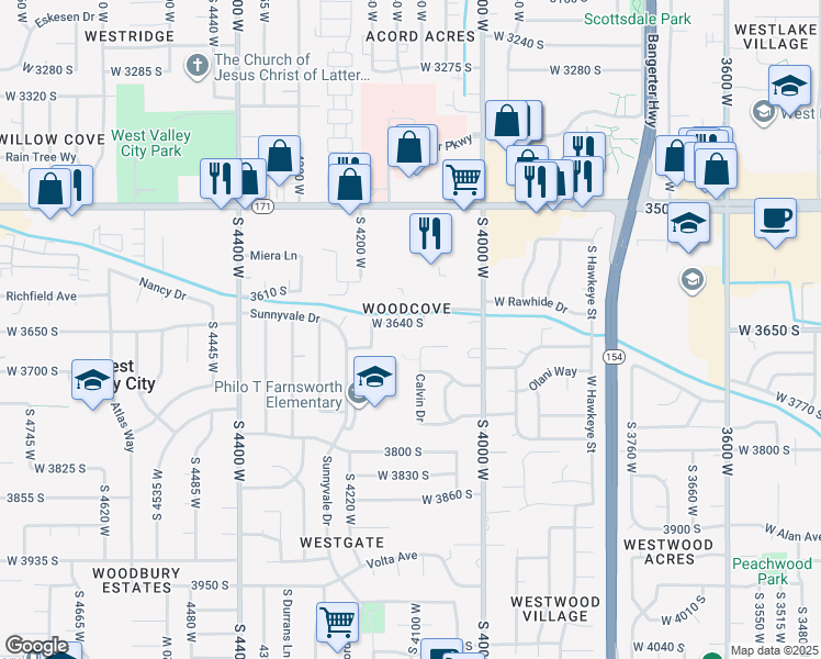 map of restaurants, bars, coffee shops, grocery stores, and more near 4121 Mann Way in Salt Lake City