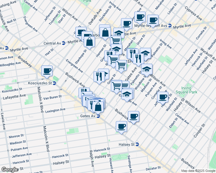 map of restaurants, bars, coffee shops, grocery stores, and more near 120 Grove Street in Brooklyn