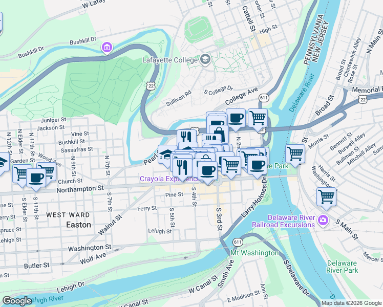 map of restaurants, bars, coffee shops, grocery stores, and more near 106 North 4th Street in Easton