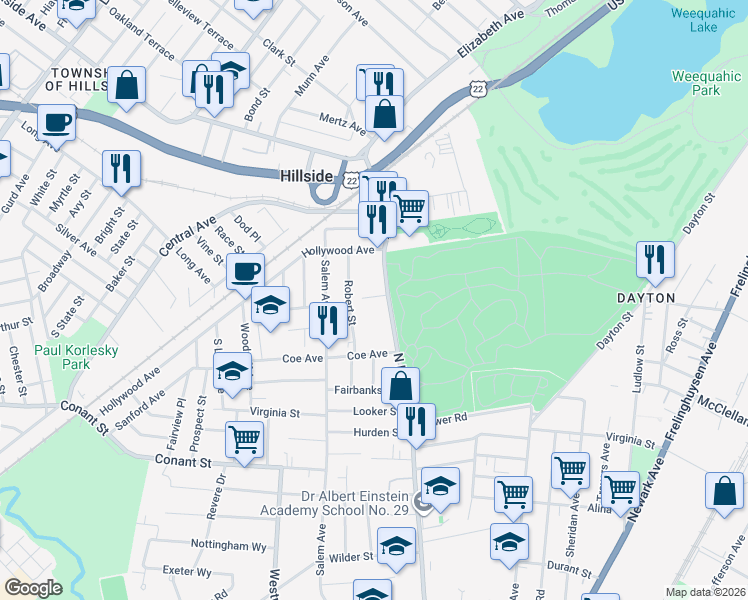 map of restaurants, bars, coffee shops, grocery stores, and more near 1250 North Broad Street in Hillside