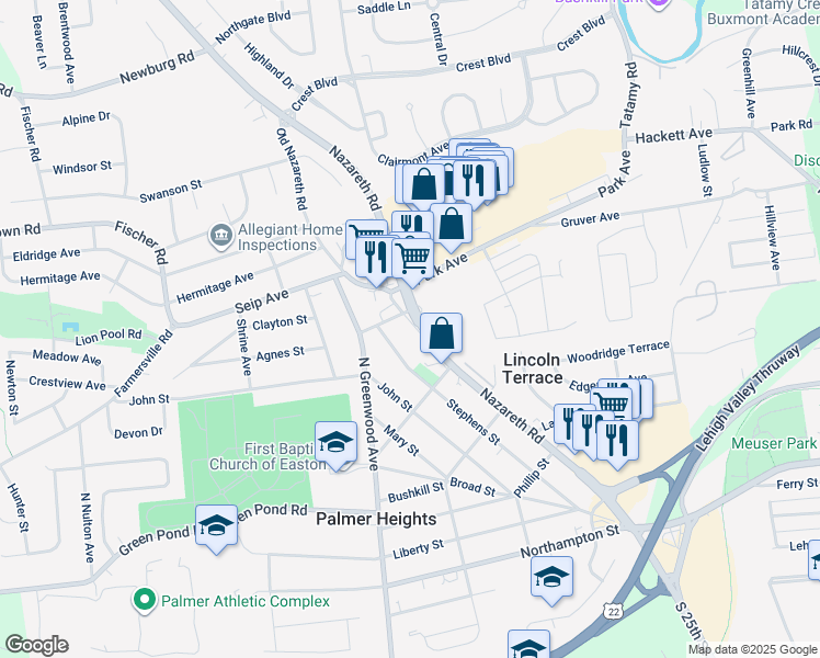 map of restaurants, bars, coffee shops, grocery stores, and more near 2860 Old Nazareth Road in Easton