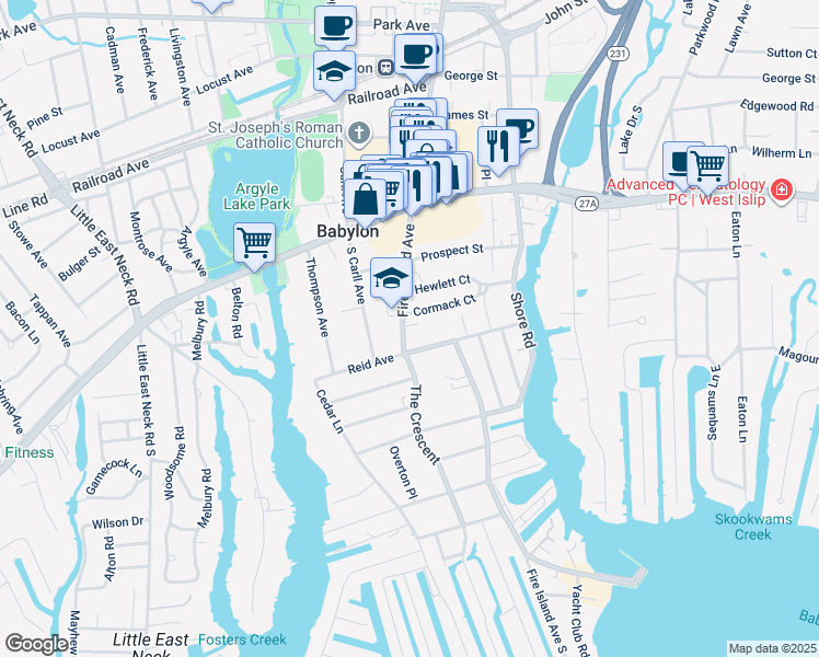 map of restaurants, bars, coffee shops, grocery stores, and more near 163 Fire Island Avenue in Babylon