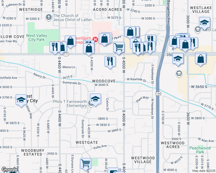 map of restaurants, bars, coffee shops, grocery stores, and more near 4011 Mann Way in West Valley City