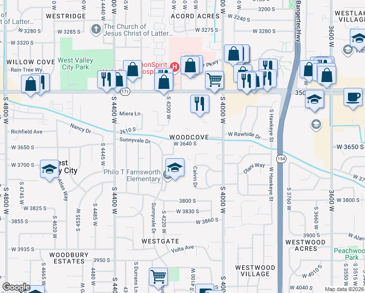 map of restaurants, bars, coffee shops, grocery stores, and more near 3628 South 4110 West in West Valley City