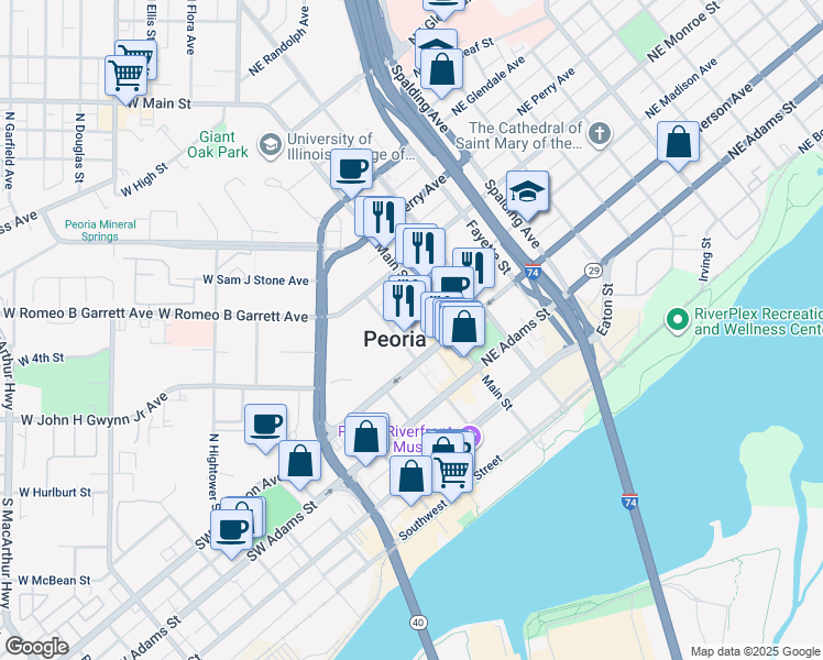 map of restaurants, bars, coffee shops, grocery stores, and more near 108 Southwest Madison Avenue in Peoria