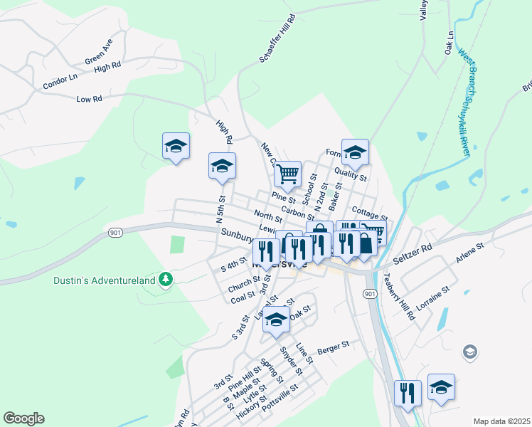 map of restaurants, bars, coffee shops, grocery stores, and more near 201 North 4th Street in Minersville