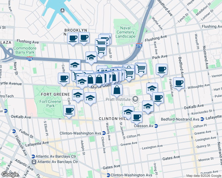 map of restaurants, bars, coffee shops, grocery stores, and more near 189 Washington Avenue in Brooklyn