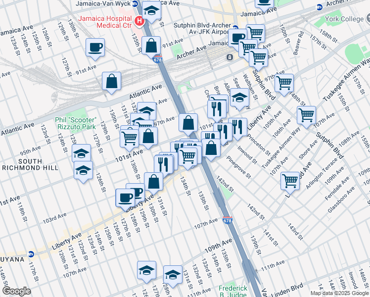 map of restaurants, bars, coffee shops, grocery stores, and more near 101-10 Van Wyck Expressway in Queens