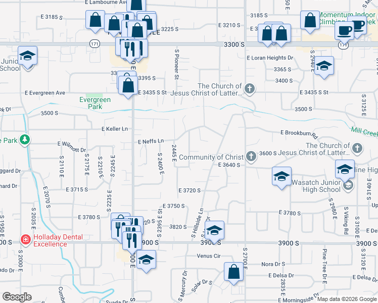 map of restaurants, bars, coffee shops, grocery stores, and more near East Hillside Circle in Millcreek
