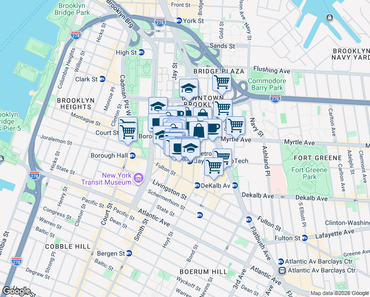 map of restaurants, bars, coffee shops, grocery stores, and more near 111 Lawrence Street in Brooklyn
