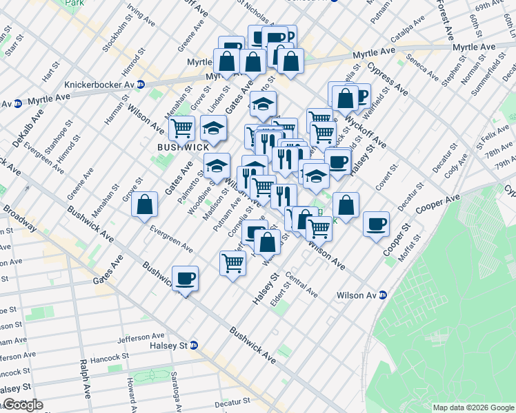 map of restaurants, bars, coffee shops, grocery stores, and more near 1328 Putnam Avenue in Brooklyn