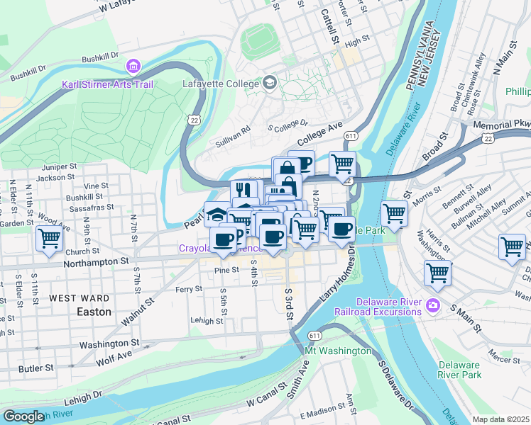 map of restaurants, bars, coffee shops, grocery stores, and more near 338 Spring Garden Street in Easton