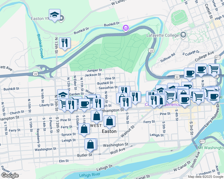 map of restaurants, bars, coffee shops, grocery stores, and more near 819 Spring Garden Street in Easton