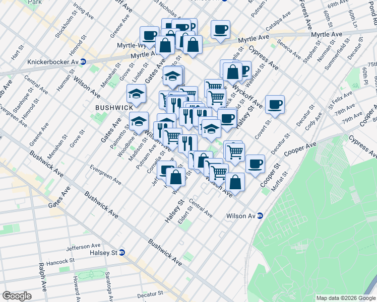 map of restaurants, bars, coffee shops, grocery stores, and more near 1255 Hancock Street in Brooklyn