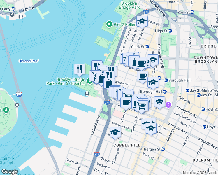 map of restaurants, bars, coffee shops, grocery stores, and more near 32 Columbia Place in Brooklyn