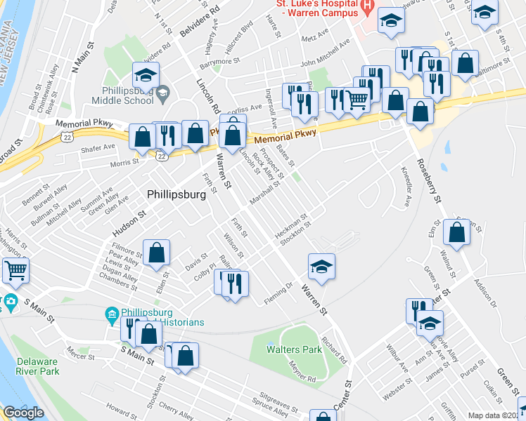 map of restaurants, bars, coffee shops, grocery stores, and more near 348 Grant Street in Phillipsburg