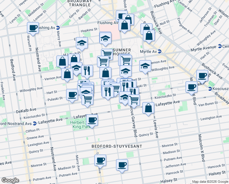 map of restaurants, bars, coffee shops, grocery stores, and more near 219 Pulaski Street in Brooklyn