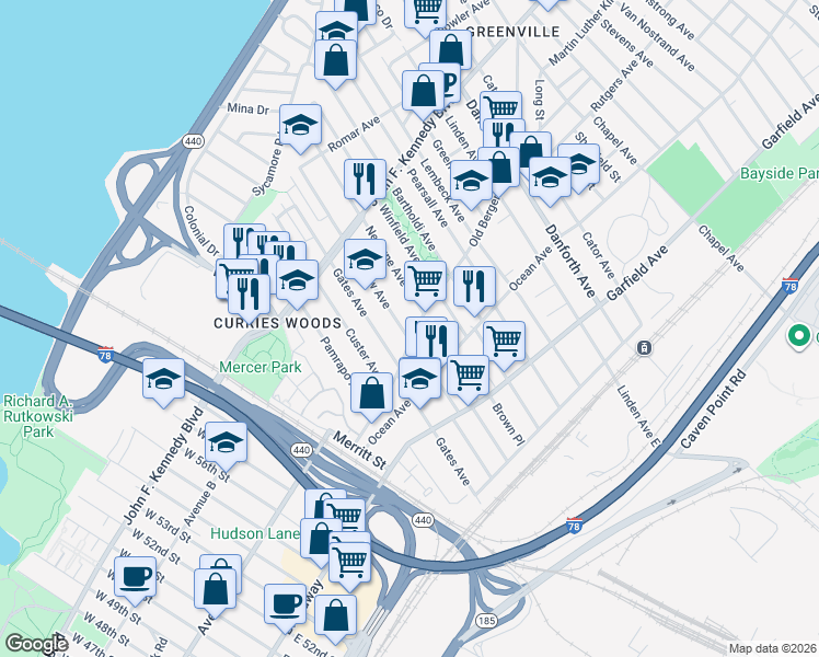 map of restaurants, bars, coffee shops, grocery stores, and more near 160 Seaview Avenue in Jersey City