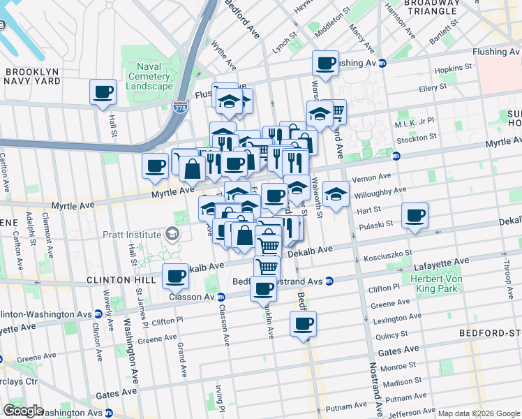map of restaurants, bars, coffee shops, grocery stores, and more near 179 Franklin Avenue in Brooklyn