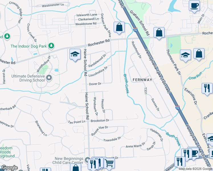 map of restaurants, bars, coffee shops, grocery stores, and more near 55 Dover Drive in Cranberry Township