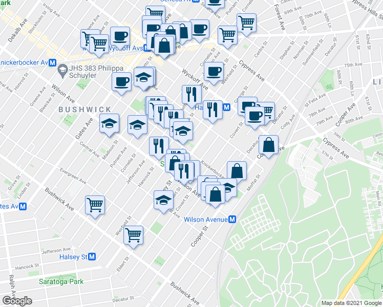 map of restaurants, bars, coffee shops, grocery stores, and more near Halsey Street & Knickerbocker Avenue in Brooklyn