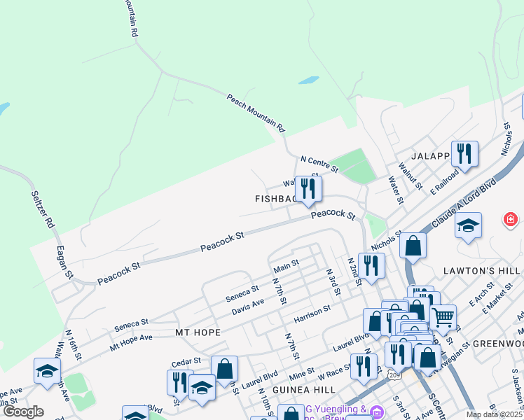 map of restaurants, bars, coffee shops, grocery stores, and more near 314 West Railroad Street in Pottsville