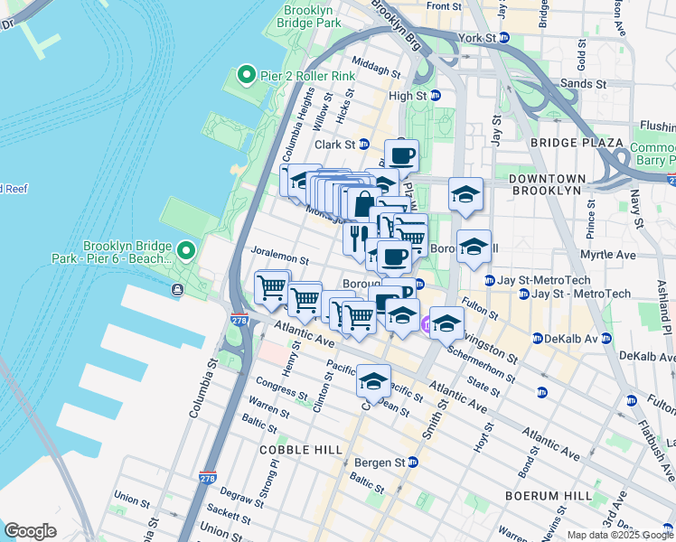 map of restaurants, bars, coffee shops, grocery stores, and more near 12 Joralemon Street in Brooklyn
