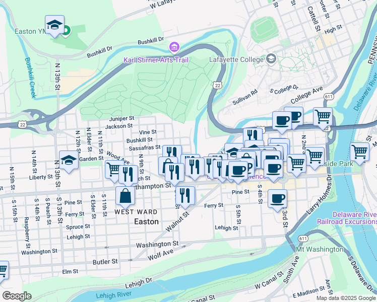 map of restaurants, bars, coffee shops, grocery stores, and more near 673 Sassafras Street in Easton