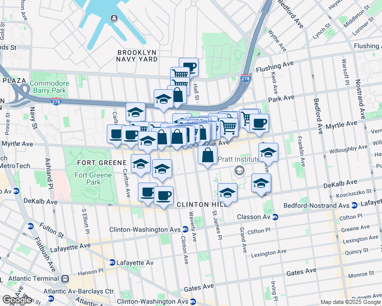 map of restaurants, bars, coffee shops, grocery stores, and more near 184 Washington Avenue in Brooklyn