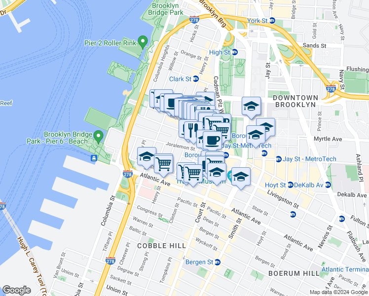 map of restaurants, bars, coffee shops, grocery stores, and more near 0 Sidney Place in Brooklyn
