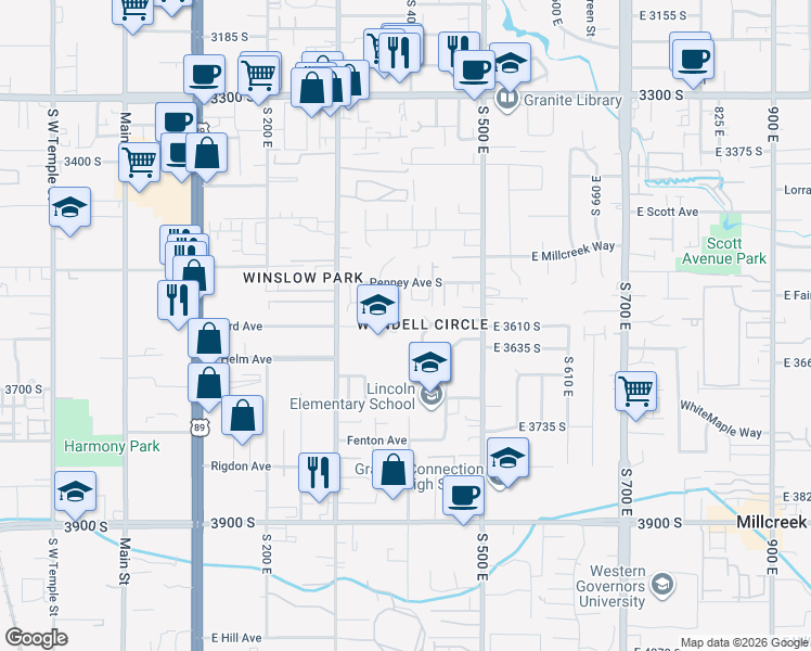 map of restaurants, bars, coffee shops, grocery stores, and more near 385 Baird Circle in South Salt Lake