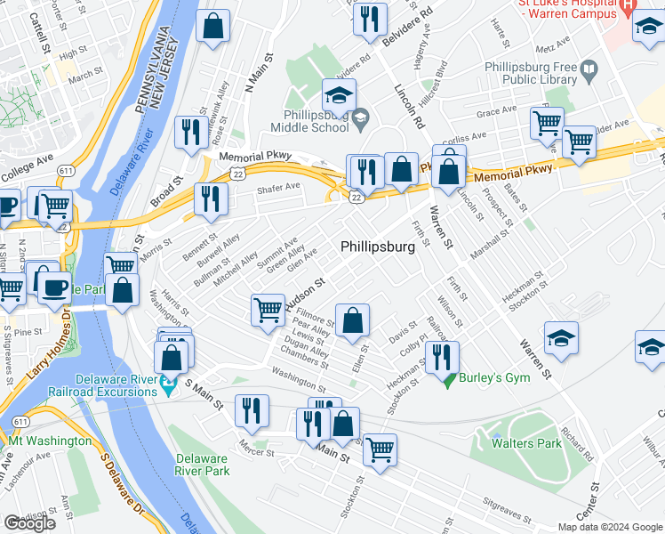 map of restaurants, bars, coffee shops, grocery stores, and more near 229 Hudson Street in Phillipsburg