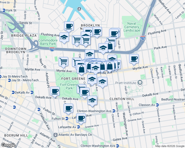 map of restaurants, bars, coffee shops, grocery stores, and more near 370 Myrtle Avenue in Brooklyn