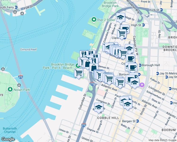 map of restaurants, bars, coffee shops, grocery stores, and more near 360 Furman Street in Brooklyn