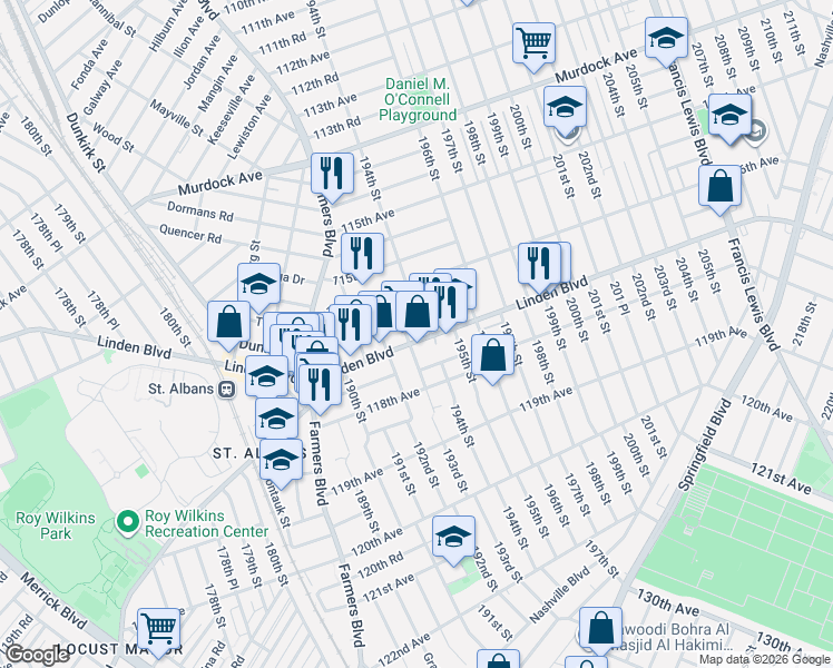 map of restaurants, bars, coffee shops, grocery stores, and more near 11637 194th Street in Queens
