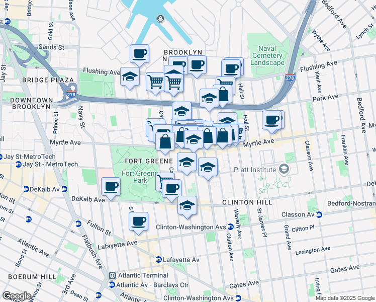 map of restaurants, bars, coffee shops, grocery stores, and more near 158 Clermont Avenue in Brooklyn